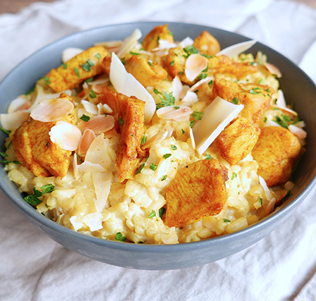 Risotto de poulet, carottes, amandes & curry